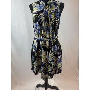 New Women's Size Large Blue Purple Green Floral Belted Dress‎